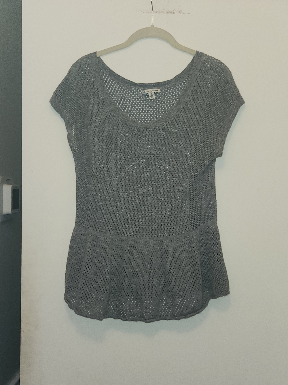 American Eagle Outfitters Gray Open-Knit Peplum Top L